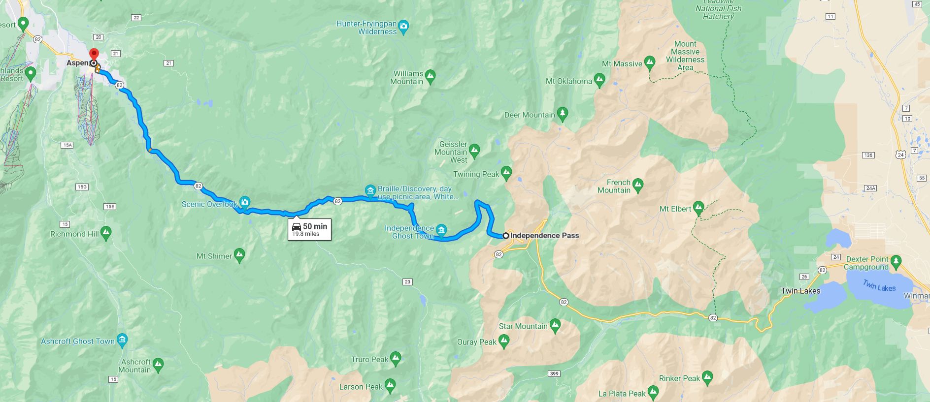 Independence Pass to Aspen Map