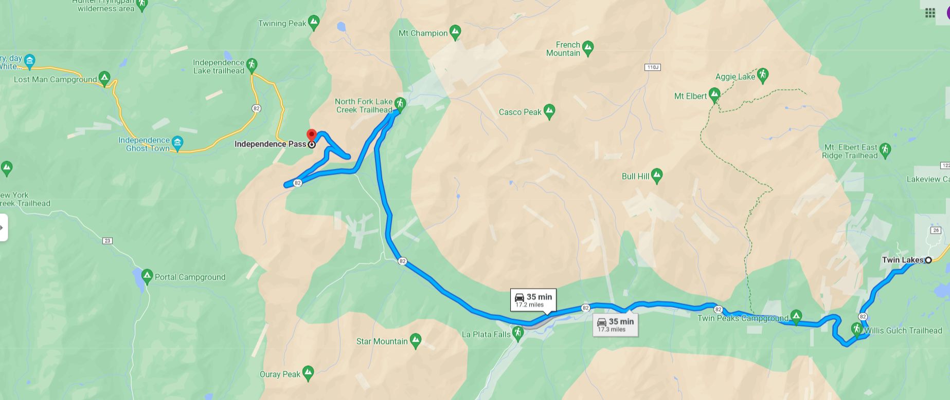 Twin Lakes to Independence Pass Map